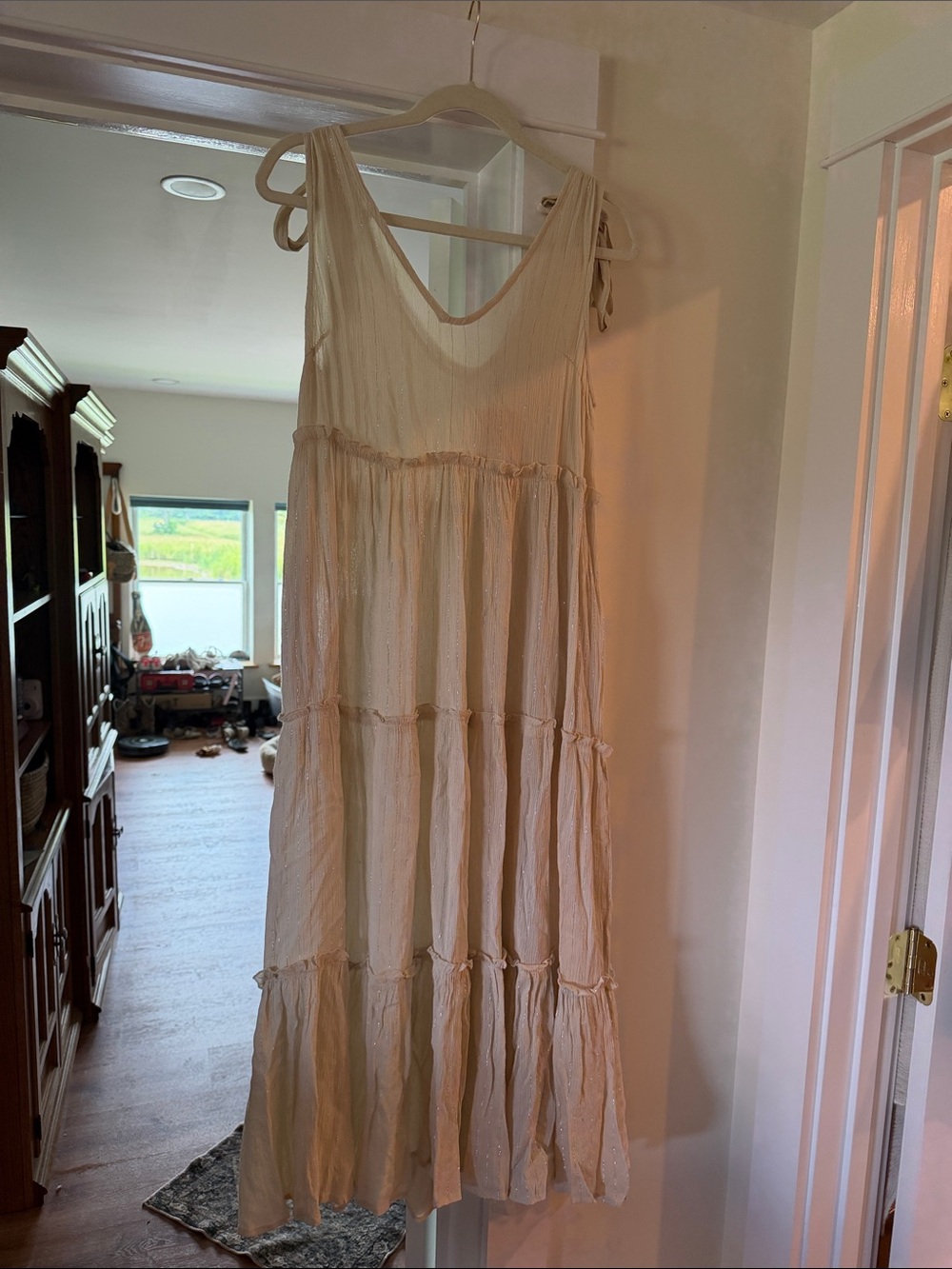 Cream Tiered Maxi Dress with Tie Straps